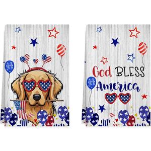 XCHI God Bless America Dog Balloons America Stars Patriotic 4th of July Memorial Day Independence Day Kitchen Towels Dish Towels 18x26 Inch Set of 2 Home Decorations Hand Towels Drying Dishcloth