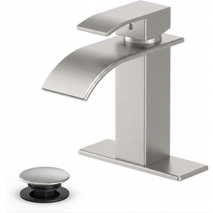 Ryuwanku Bathroom Faucet Brushed Gold Modern Waterfall Bathroom Sink Faucet with Single Handle Suitable for 1 or 3 Holes,Supply Deck Plate and Hose