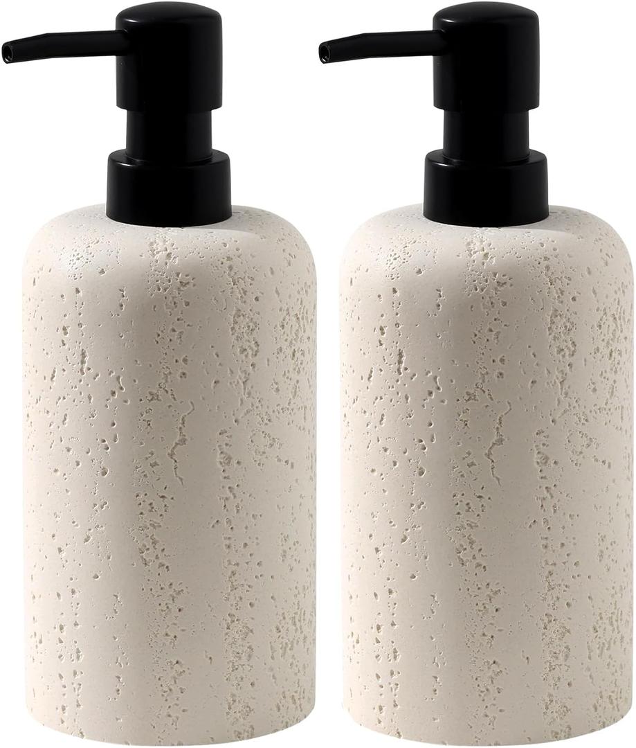 Soap Dispensers 400mL 13.5 OZ, 2 PCS Luxurious Hand Dish Lotion Shampoo Soap Dispenser Jar, Travertine Soap Bottles Rustproof Pump for Kitchen Bathroom Countertop (Ivory White)