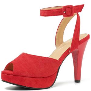 fereshte Women's Platform High Heel Sandals, Ankle Strap, Peep Toe, Slingback Dress Shoes 41 Size, Red Suede