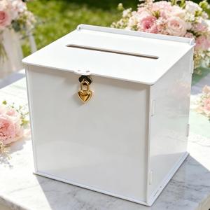 White Acrylic Card Box with Gold Heart Lock, Modern DIY Blank Wedding Card Boxes for Reception Monetary Gifts, Customizable Envelope Box for Party Graduation Bridal Baby Shower All Occasion