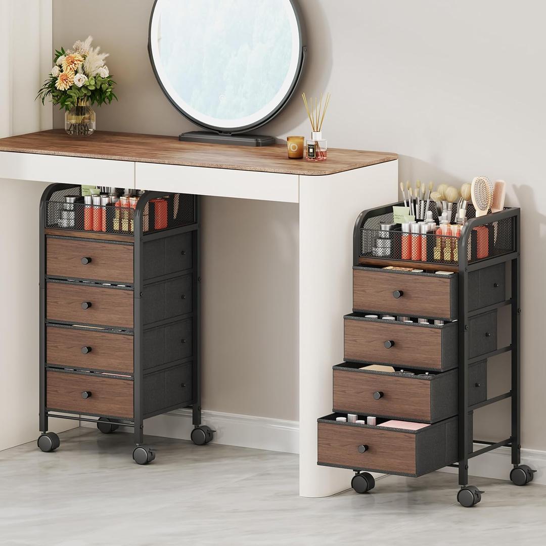 SWTYMIKI Rolling Makeup Organizer Cart  Floor Skincare Make Up Storage with 4 Nonwoven Drawers, Vanity Organizer Cosmetic Display Cases Cabinet for Skin Care Perfume Nail Polish Brush Hair Tool