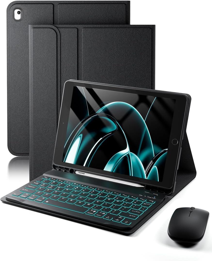 TUNKARMOR for iPad 9th / 8th / 7th Generation 10.2 inch & iPad Air 3rd Gen & iPad Pro 10.5 inch Case with Keyboard 7 Color Backlit - Built in Pencil Holder with Mouse (Black)