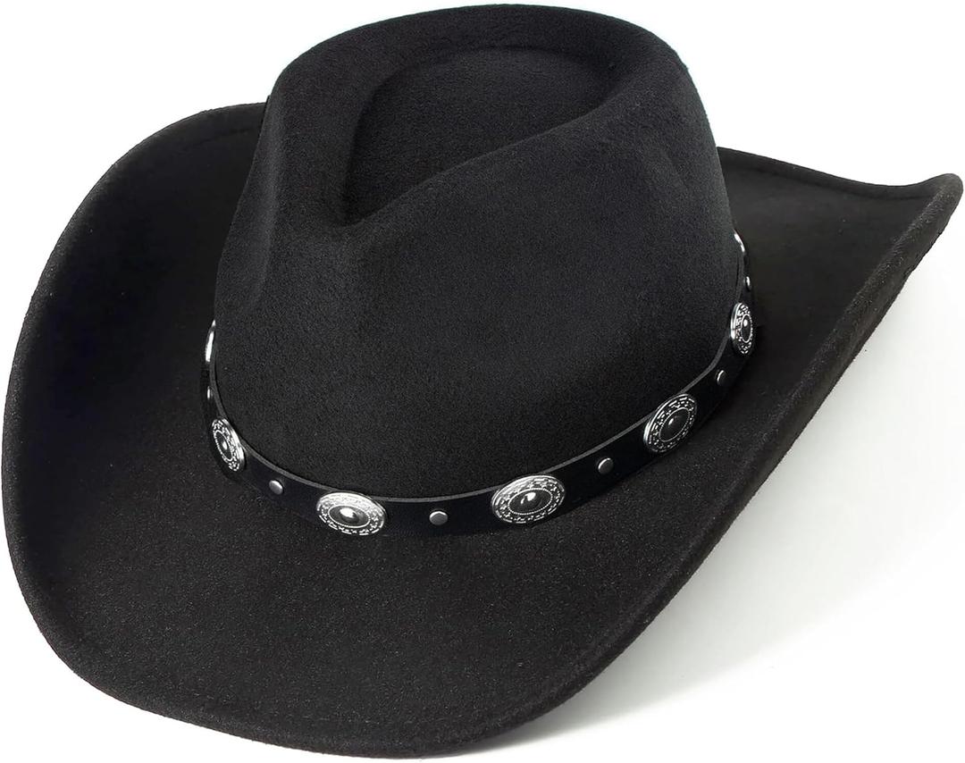 Women & Men Felt Western Cowboy Hat Classic Roll Up Brim Belt Buckle Cowgirl Fedora (M-L)