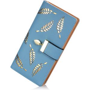 Sweet Cute Chocolate Women's Long Leaf Bifold Wallet Leather Card Holder Purse Zipper Buckle Elegant Clutch Wallet Handbag for Women-Blue