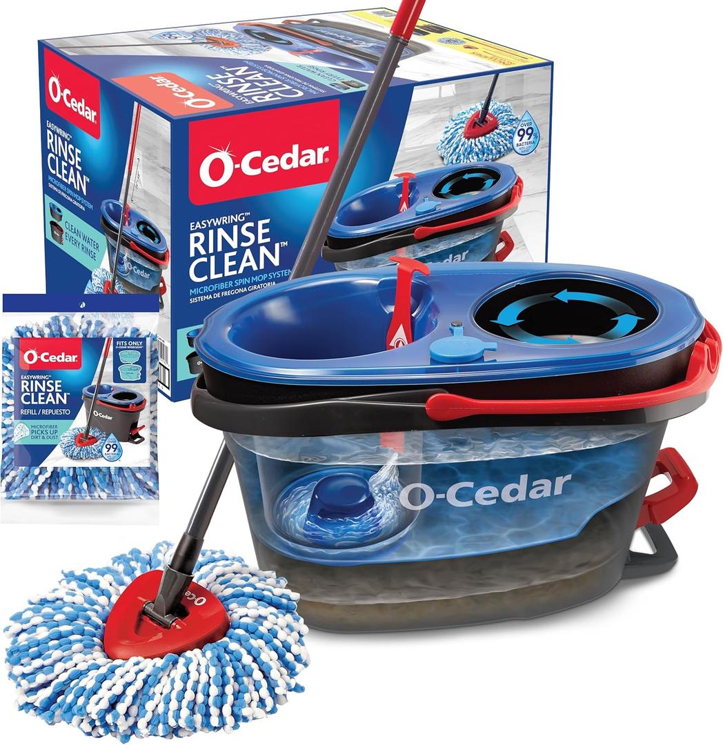 O-Cedar RinseClean Spin Mop & Bucket System + 1 Extra Mop Head | Clean with Clean Water | Removes 99% of Bacteria (Rinseclean Spin Mop & Bucket + 1 Extra Refill)