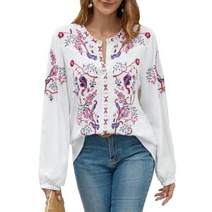 Womens Long Sleeve Shirts Fall Tops Embroidered Blouses Casual Loose Peasant Tunic Mexican Trendy Clothes White , Size L