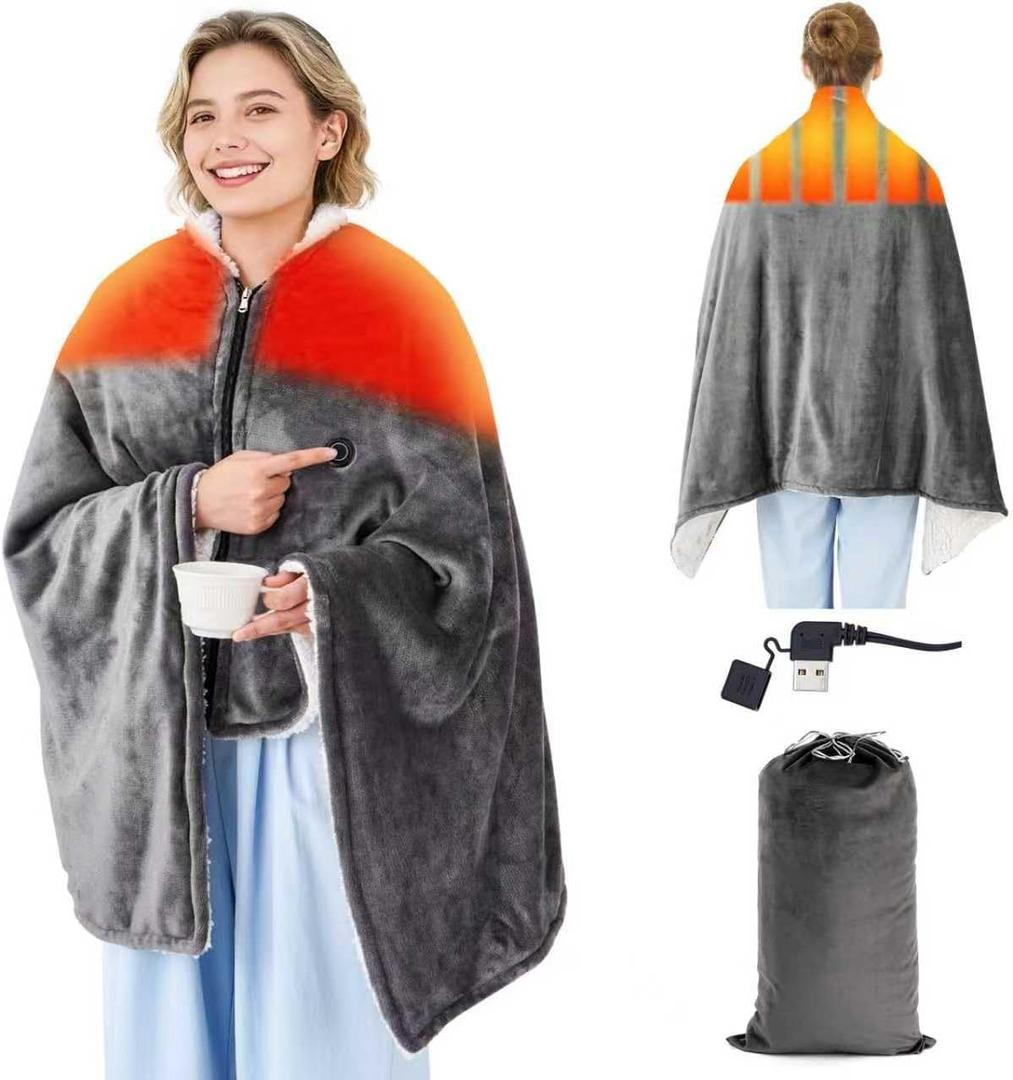 USB Heated Blanket for Keeping Warm, Cordless Wearable Throw with 3 Heat Levels, Battery Operated(No Power Bank Included) Shawl for Outdoor Use(Gray)