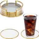 Glass Coaster Set of 8 Drink Coasters with Holder, Gold Brass-Coated Glass Coasters for Drinks, Round Cup Mats Coffee Table Décor for Kitchen, Living Room, Bar, Office, Patio, 4 Inches