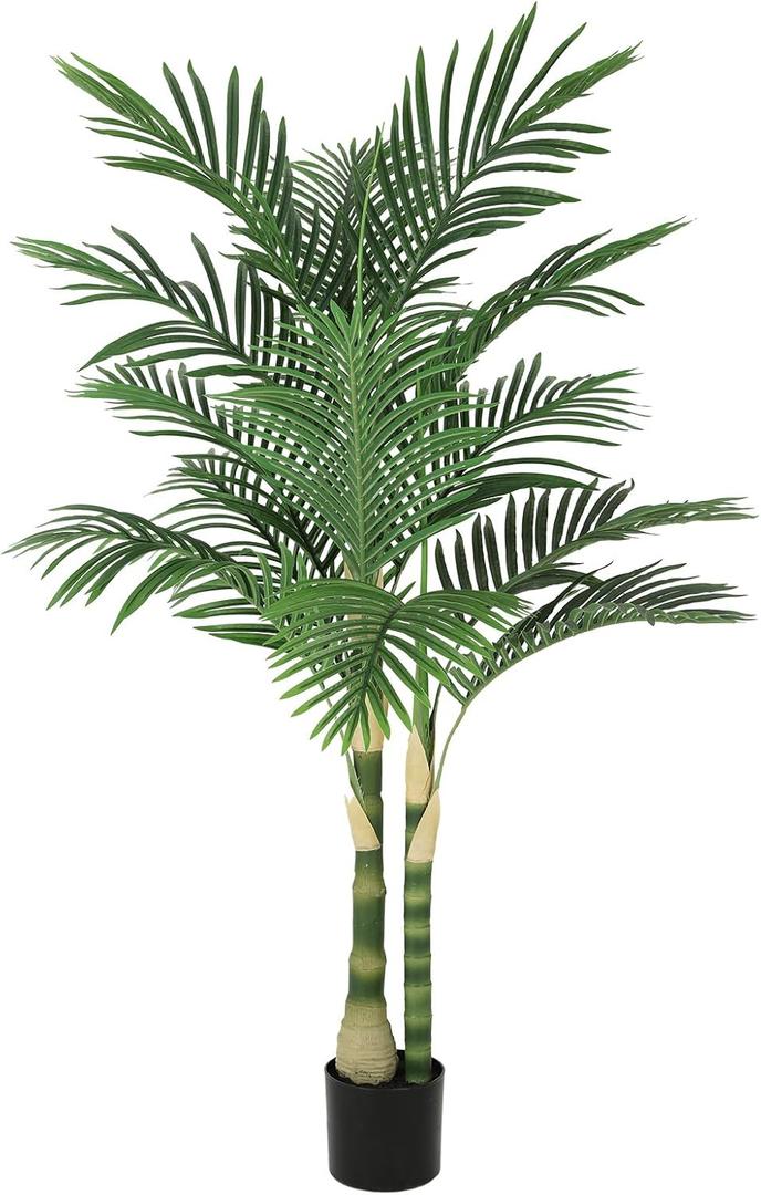 5ft Ultra-Full UV Resistant Fake Golden Cane Palm Tree with Double Trunks, 60in Tall Artificial Palm Tree Indoor Outdoor, Faux Palm Plant for Living Room Home Office Patio Garden Decor