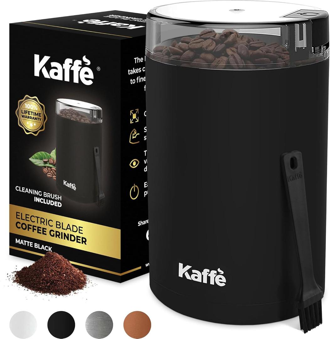 Kaffe OneTouch Coffee Grinder Electric w/Cleaning Brush (3 oz)  Coffee Grinders for Home Use  Up to 12 Cups of Coffee per Grind  Easy On/Off Coffee Bean Grinder  Matte Black
