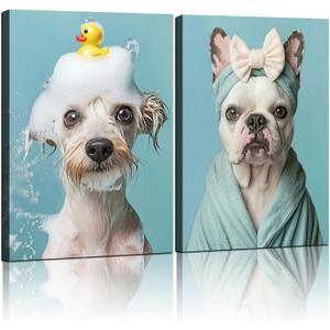 2Pcs Framed Dog Funny Bathroom Wall Art Decor Canvas Print Picture Gallery Bathroom Poster Cute Pet Art Print Wall Decor Home Spa Laundry Room 12x16 Inch Ready to Hang