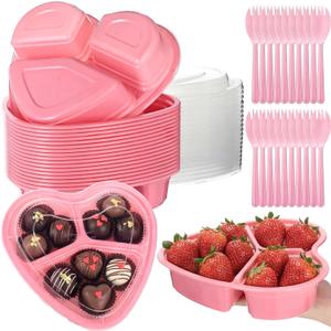 Layhit 12 Pcs Valentines Heart Containers Plastic Food Storage Containers with Lids Heart Shaped Disposable Lunch Dessert Box for Kitchen Restaurant Fruit Vegetable (Pink)