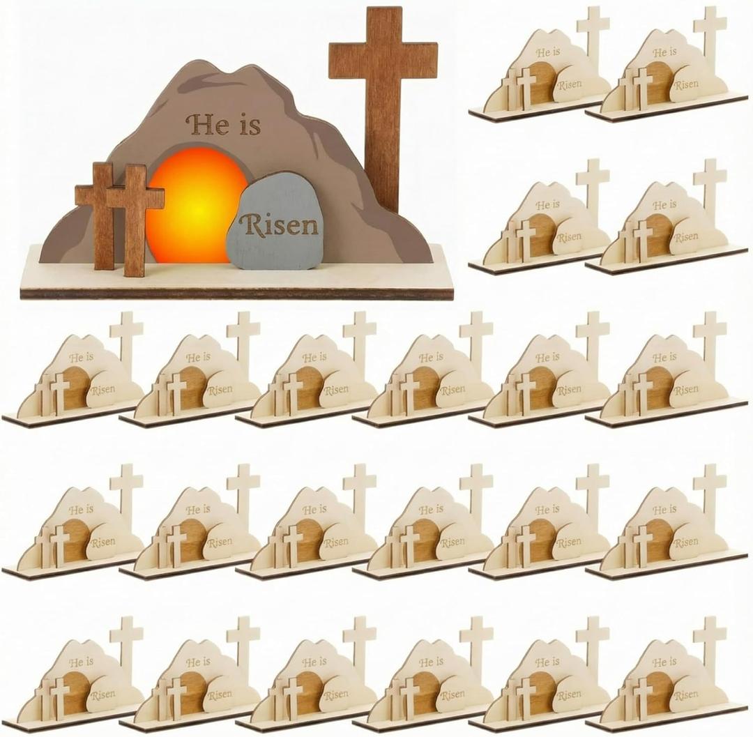 Blueweenly 24 Set Easter He is Risen DIY Wooden Crafts Kit for Kids Religious Easter Jesus Tomb Crafts Crosses for Bible Sunday School Art Party Decoration Birthday Gift Classroom Party Games
