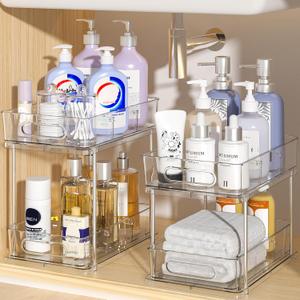 Delamu 2 Pack Snap-Lock Bathroom Under Sink Organizers and Storage, 2 Tier Pull Out Medicine Bathroom Cabinet Organizer, Multi-Purpose Kitchen Pantry Organization and Storage with Movable Divider