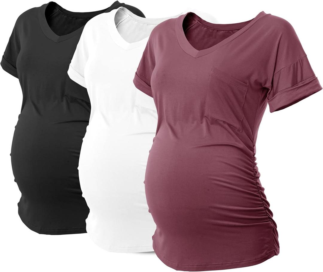 SUNNYBUY 3 Pack Womens Maternity Tops Side Ruched Maternity Shirts Pregnancy Clothes V Neck (Small, Black&white&burgundy)