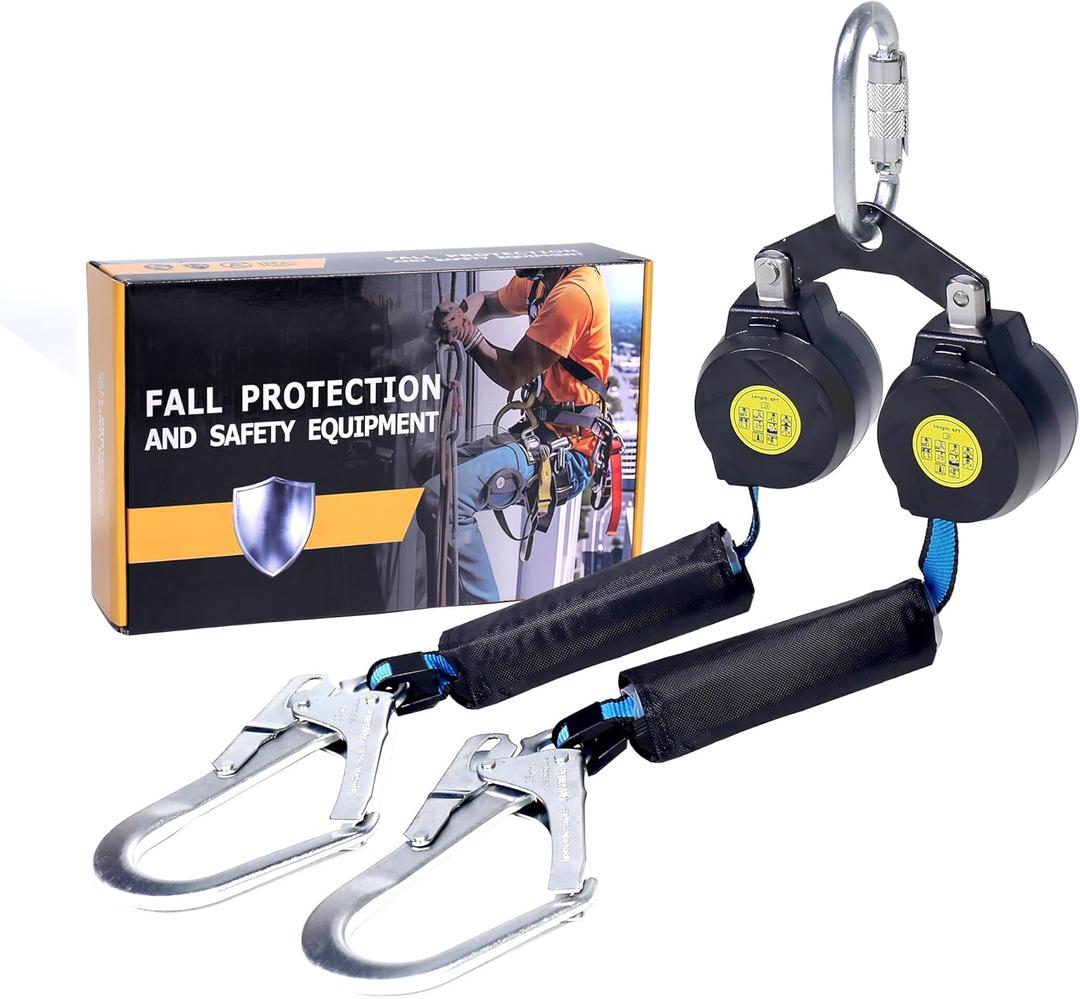 6 FT Dual Leg Self-Retracting Lifeline Web Lanyard Retractable, 2.36 inch Gate Opening Twin Steel Locking Hooks, Double Yoyo, Shock Absorber | Fall Protection OSHA & ANSI Compliant SRL