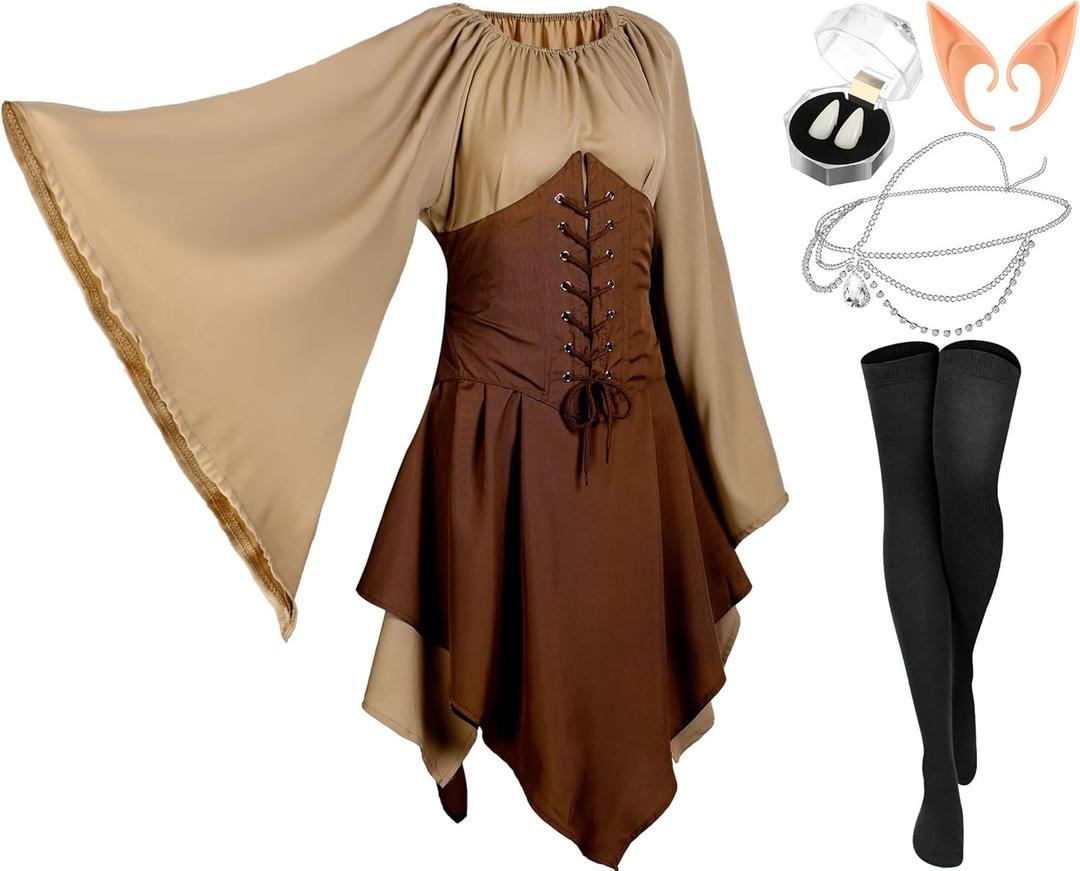 Jadive 5 Pcs Women Elf Renaissance Medieval Dress Traditional Irish Fairy Viking Costume Elf Ear for Halloween Cosplay (X-Large, Brown, Khaki)