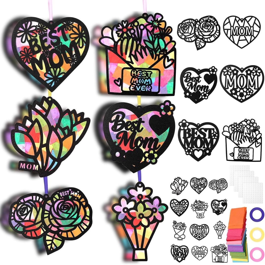 Fumete 36 Pcs Wooden Mothers Day Suncatchers Craft Set DIY Flower Shaped Stained Glass Tissue Kits Bulk for Mom Grandma Gift Activities Window Art Party Decorations Classroom Party Decorations