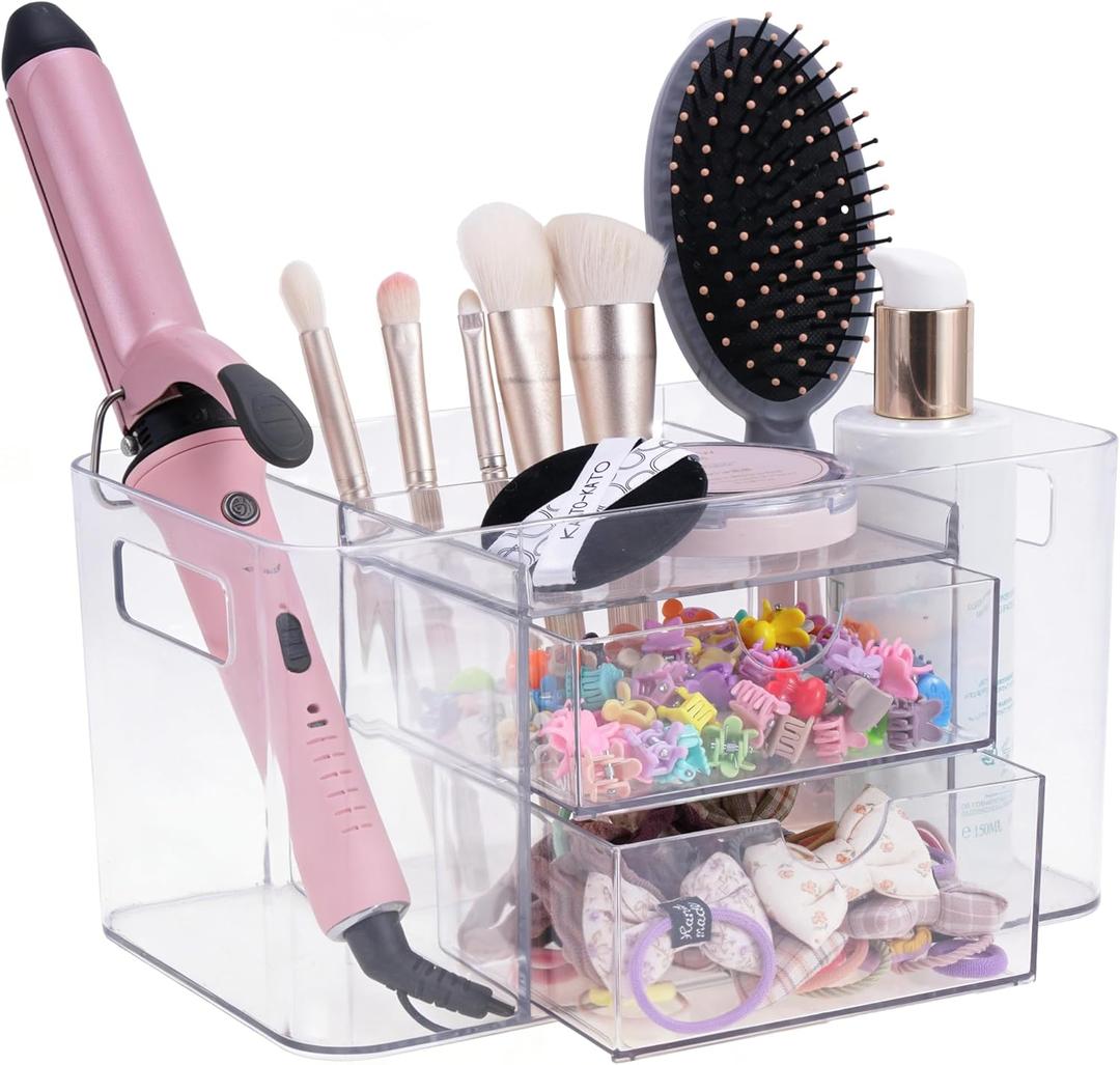 2-Drawer Hair Accessories Organizer, Large Capacity Clear Acrylic Vanity Organizer with 3 Compartments, Hair Brush Holder for Hair Ties, Clips, Scrunchies and Bobby Pins (Transparent)