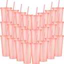 Amyhill 24 Pcs Reusable Cups with Lids and Straws 24 oz Glitter Iced Coffee Tumbler Plastic Travel Mug Cup for Smoothie Juices Birthday Sleepover Party Supplies for Girls(Light Pink)