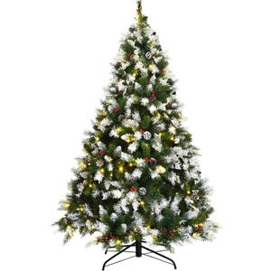 Goplus 6ft Pre-lit Artificial Christmas Tree, Hinged Snow Flocked Xmas Tree w/Pine Cones, Red Berries & 250 LED Lights, 8 Lighting Modes, Indoor Holiday Festival Decoration