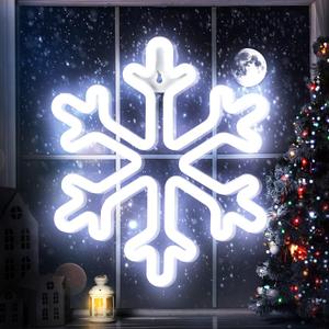 Enhon Christmas Neon Snowflake Light, 12 Inch Giant Snowflake Lights, Battery and USB Powered Christmas Curtain Neon Sign with Timer for Xmas Party Decoration (Cool White,1 Pack)