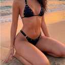 WDIRARA Women's 2 Piece Swimsuit Rivet Halter Triangle Thong Bikini Set High Cut Bathing Suit (Black, XS)