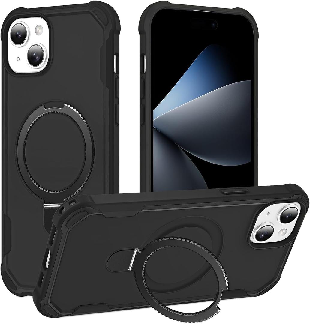 Compatible with iPhone 15 Case with Invisible Magnetic Kickstand [Compatible with MagSafe] [10-FT Military Drop Protection] Slim Hard Back Soft Edge Phone Cover 6.1 Inch, Black