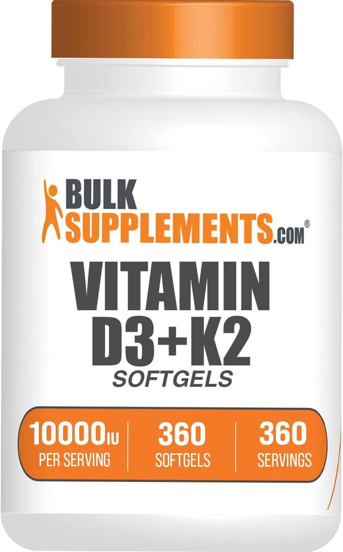BulkSupplements.com Vitamin D3 + K2 10000 IU Softgels - K2 D3 Vitamin Supplement, for Immune Health - Gluten Free, 1 Softgel per Serving, 360 Count (Pack of 1), EXP: 02/28/2029