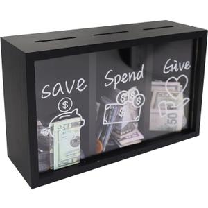 Wooden Give Save Spend Money Saving Box for Kids, Money Coin Savings Piggy Bank Jar Box for Kid Safe Money Saver, Teach Children About Giving Saving Giving Money Piggy Box for Boys Girls, Black