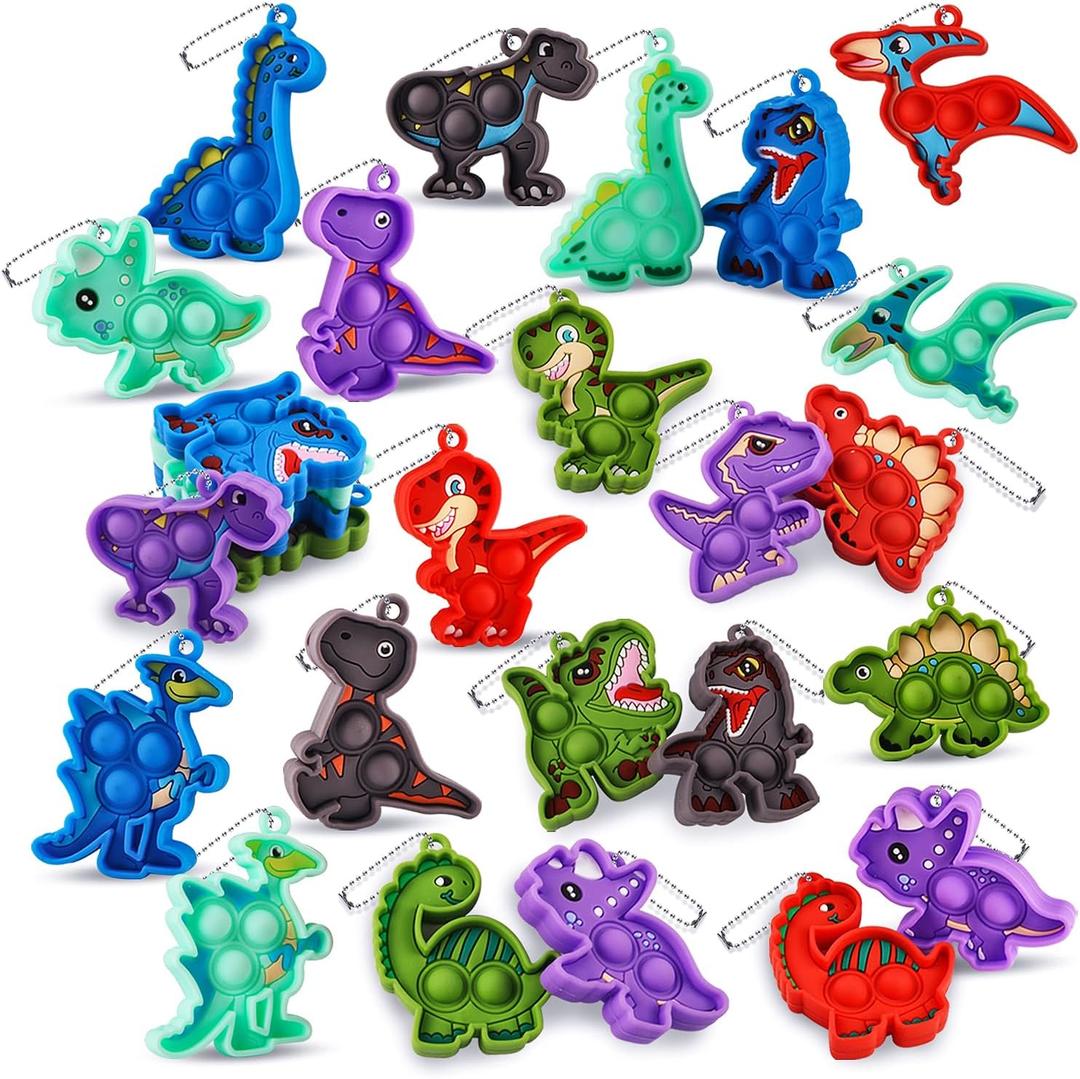 Kiss Monkey 24 Pack Dinosaur Party Favors for Kids, 12 Styles Dinosaur Silicone Fidget Keychains Bulk, Pop Sensory Fidget Toys, Birthday Goodie Bag Fillers, Classroom Prizes for Boys Girls