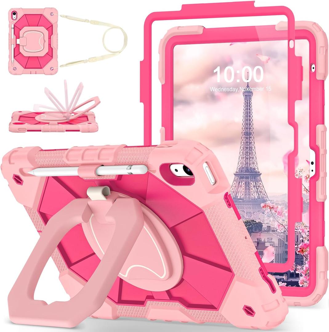 WESOROL Case for iPad (A16) 11th Generation 11 Inch (2025) iPad 10th Generation 10.9 Inch (2022),Full-Body Drop Protection i Pad Case 10th Gen with Rotating Stand Screen Protector Pencil Holder,Rose