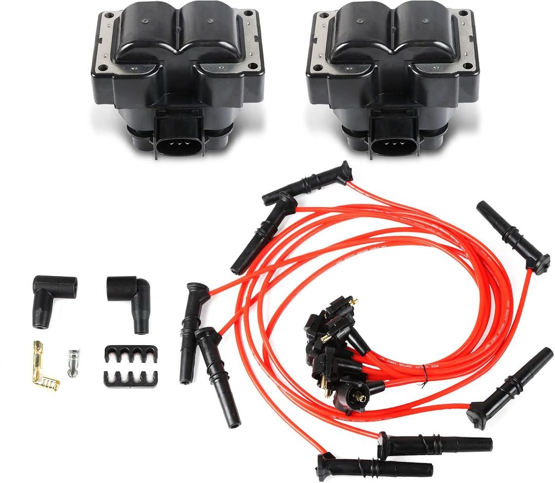 FD487 2PCS Ignition Coil+8 Spark Plug+Wire Set for 1992-1997 Ford Crown E-150 Expedition F-150/250 GrandMarquis Mustang Thunderbird Explorer,for Laforza,Lincoln,Mazda,Mercury,Replace 88F12029A1A