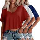 Huukeay 3 Pack Oversized T Shirts for Women Short Sleeve Crop Tops V Neck Irregular Hem Baggy Cropped Tees (S)
