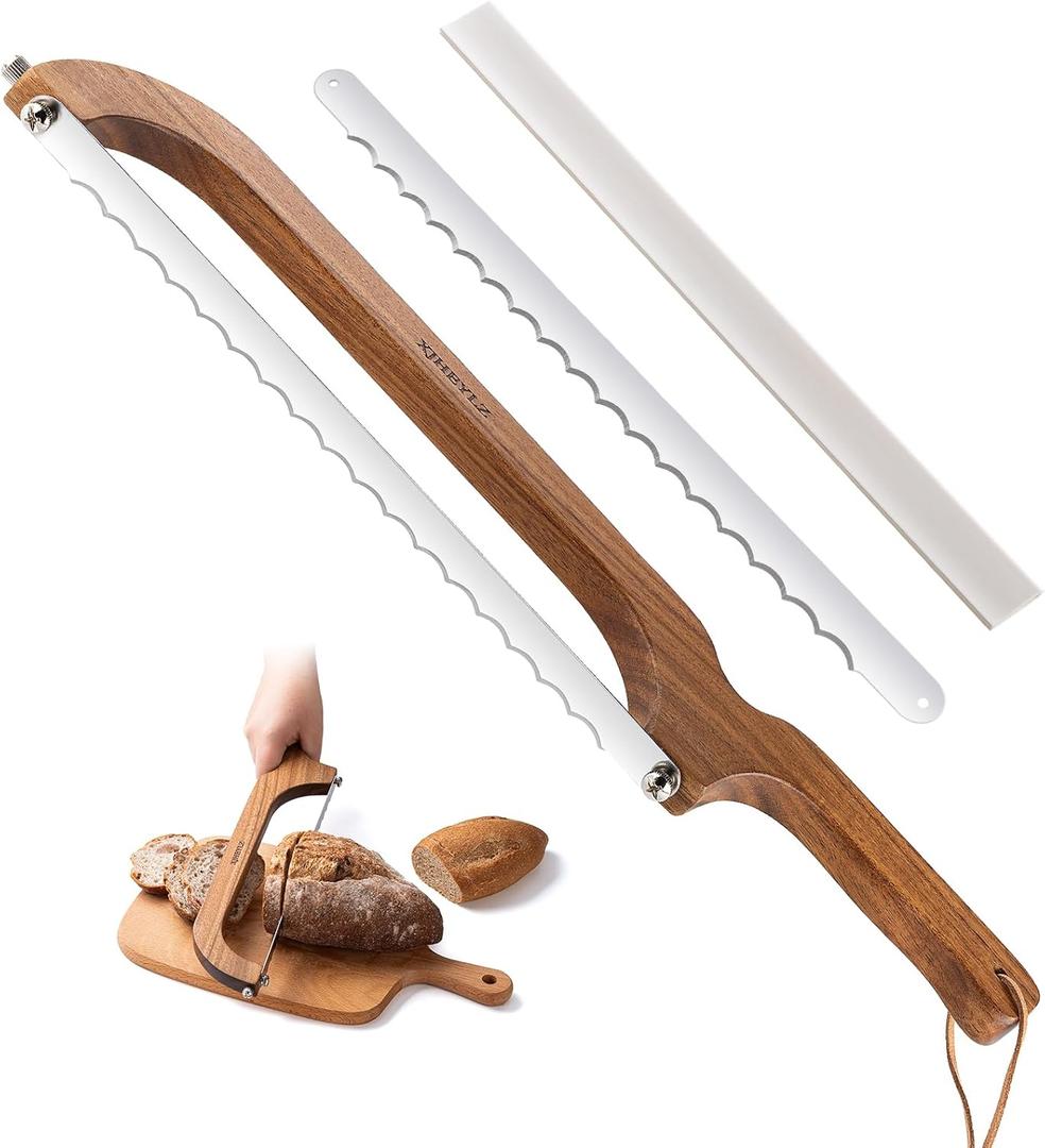 Sourdough bread knife,Bread Slicer for Homemade Bread,Adjustable blade tightness for Even Slicing, Serrated knife,Wooden Bread cutter with Bow Design (3, brown)