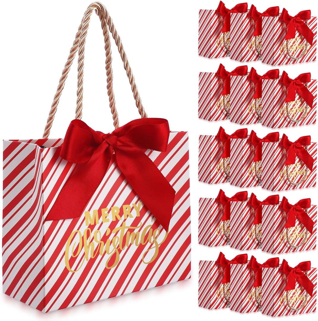 Moinchore 40 Pack Small Christmas Paper Bags with Handles Christmas Goodie Gift Bags with Bow Ribbon 5.5 x 2.4 x 4.7 Inches Xmas Candy Goodies Mini Sack(Red,Stripes)