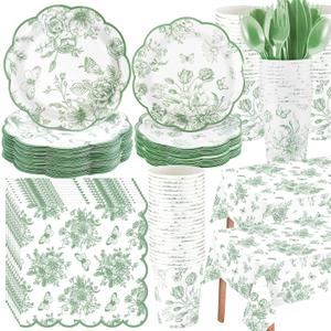 Yungyan 194 Pcs Sage Green Floral Party Decorations Serves 24 Disposable Green White Toile Chinoiserie Plates and Napkins Tablecloth Cup Tableware Set for Bridal Baby Shower Wedding Tea Party