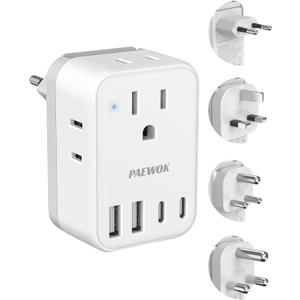 Travel Adapter Set, European Travel Plug Adapter 4 AC Outlets 4 USB Ports (2 USB C), US to UK/EU/South Africa/India, Universal Travel Adapter Kit Include Type G/C/M/D Detachable Plug
