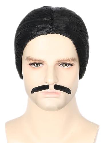 Topcosplay Men Wig Black Short Wigs for Man Halloween Costume Party Cosplay Funny Wig, Mustaches Missing