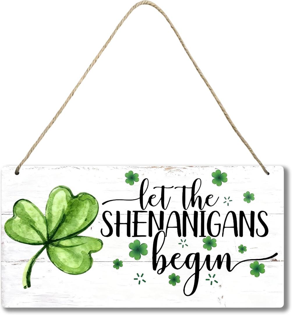 St. Patricks Day Decorations - Home Decor Hanging Door Sign Rustic Wall Decor with Shamrock for Office, Party Accessories - Let the Shenanigans Begin