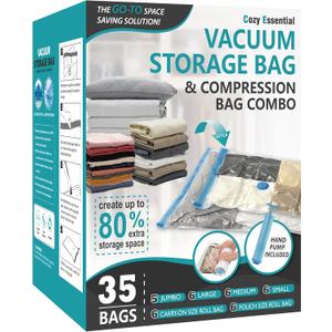 Cozy Essential Vacuum Storage Bags, 80% Compression Vacuum Seal Space Saver Plastic Packaging Bags for Clothes, Blankets, Pillow, Bedding, Comforters, Sealer Clothing Storage,35 Combo