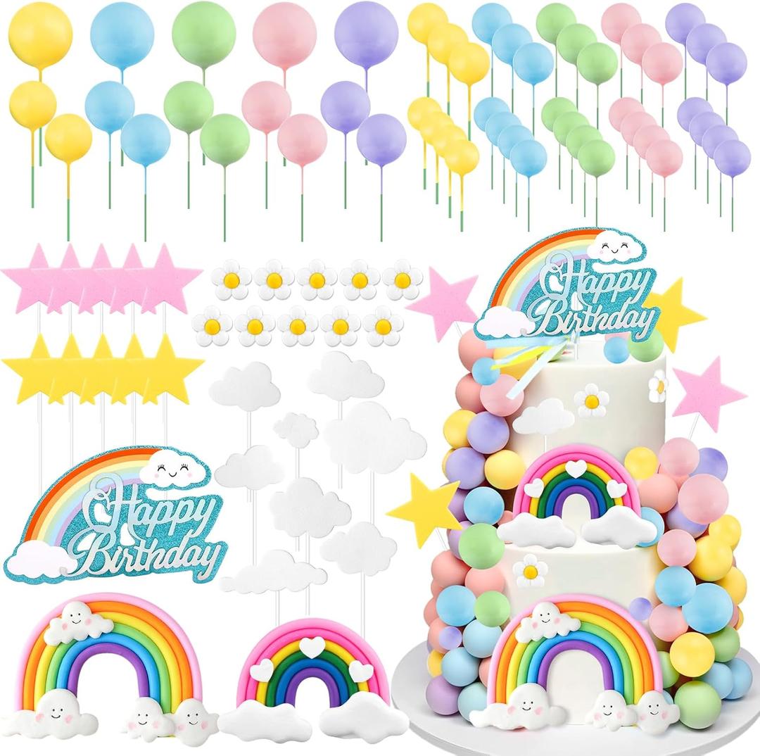81Pcs Rainbow Cake Topper Boho Birthday Cake Balls Decorations, Groovy Cake Toppers with Rainbow Flowers Balls for Girls Birthday Party Decorations