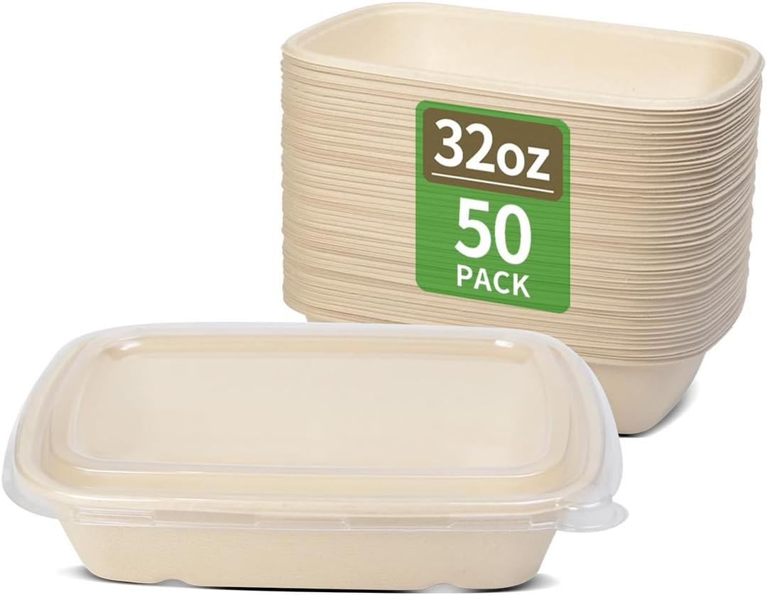 bloomoon 50 Pack 32 oz Paper Meal Prep Bowls with Lids