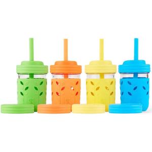 Elk and Friends Kids + Toddler Glass Cups | The Original 8oz Glass Mason Jar with Sleeves + Lids | Silicone Straws + Stopper | Smoothie Cup | Food Storage | Spill Resistant | Dishwasher Safe | 4 Pack (Green/Orange/Blue/Yellow)