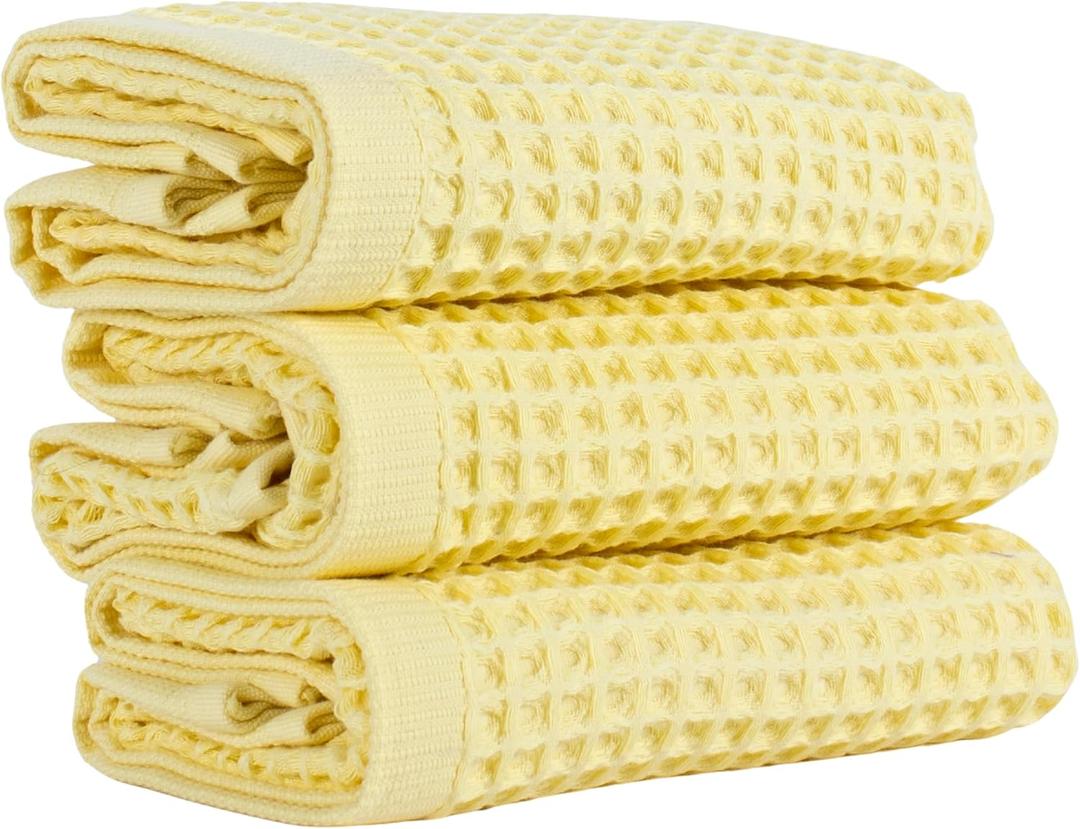 2 x PSKL Natural 100% Turkish Cotton Waffle Kitchen Towels Set of 3 | Oeko-Tex, Premium Waffle Hand Towels for Bathroom | Soft Absorbent Quick-Dry Lint-Free Dish Towel Large 32x16 inch (3, Light Yellow)