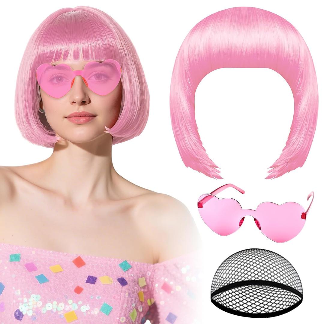 PLULON Pink Bob Wig with Heart Sunglasses and Hair Cap, Colorful Short Bob Wigs Synthetic Party Wigs Funny Cosplay Hairpieces for Women Men Neon Bachelorette Halloween Costume Party Decorations