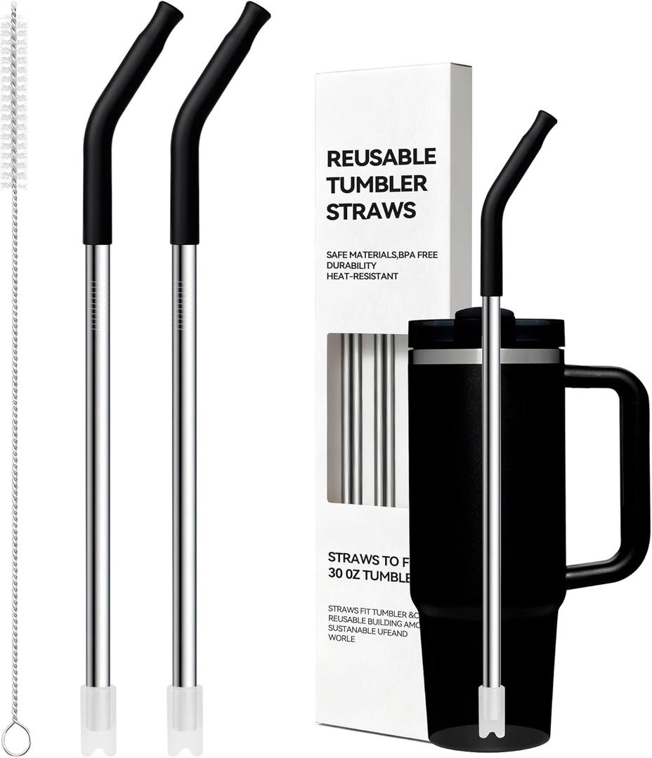 Metal Straw Reusable for Stanley 30 OZ Tumbler,11 Long Stainless Steel Drinking Straws with Black Silicone Tip for STANLEY Quencher 30 oz Cups, 1 Straw Brush, 100% BPA Free Dishwasher Safe(Black)