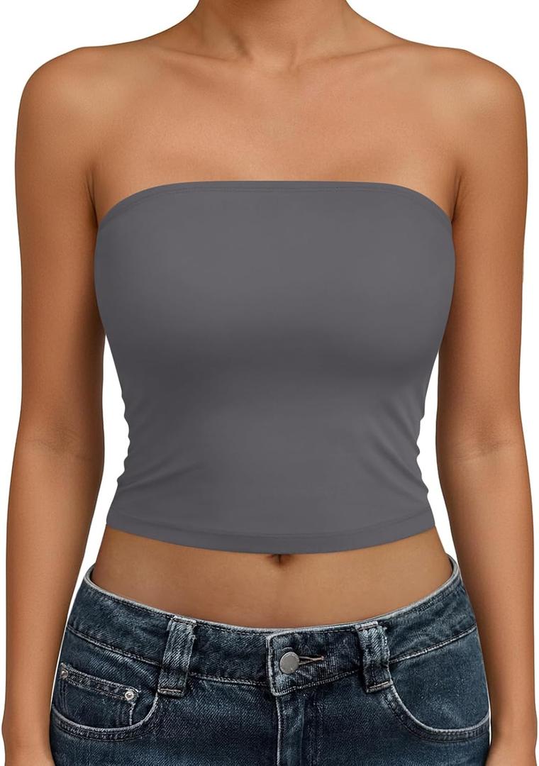 Trendy Queen Womens Tube Tops Strapless Crop Tops Basic Backless Sleeveless Going Out 2026 Spring Outfits Summer Clothes (Gray, S)