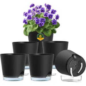 Meowell 6 inch Self Watering Pots for Indoor Outdoor Plants, 6 Pack Flower Plant Pots with Drainage Holes and Clear Reservoirs, Visible Water Level, Plastic Planters with Wicking Rope, Black